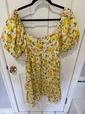 Floral Puff-Sleeve Mini Dress in Yellow and Pink